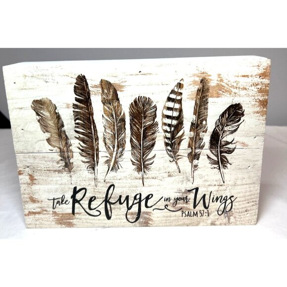 Rustic Wooden Sign With Feather Design & Psalm 57:1 Quote - Picture 1 of 4